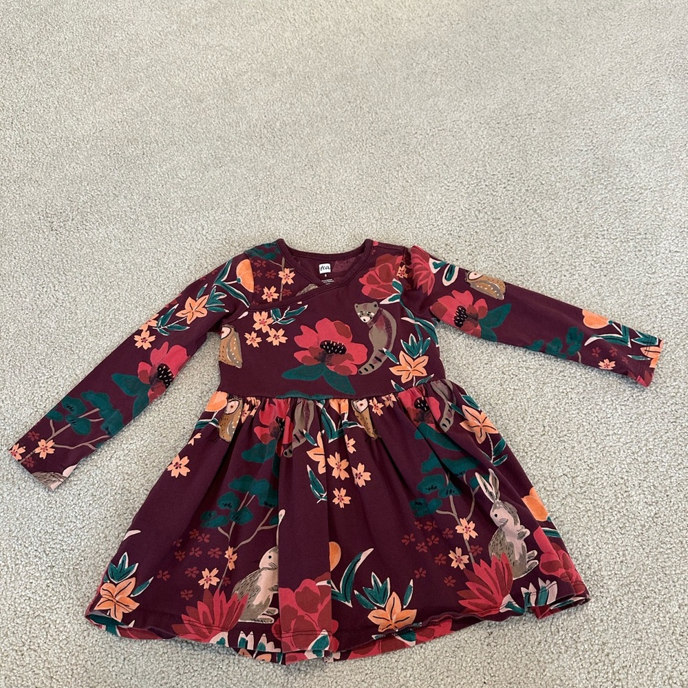 Floral Long Sleeve Kids Dress - Burgundy